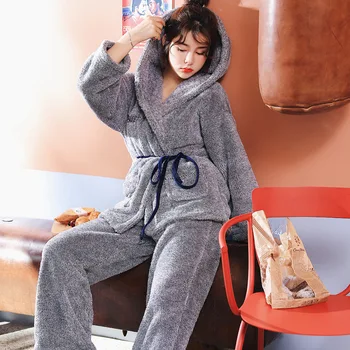 

New Women Flannel Pyjama Set Japanese Style Plus Velvet Home Clothes Female Sweet Hooded Keep Warm Pajamas Suit