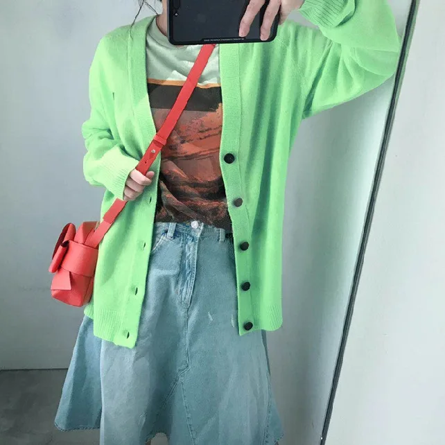 Women Sweater 2019 Autumn /Winter New Smiley Simple V-neck Wild Men and Women with The Cardigan Sweater