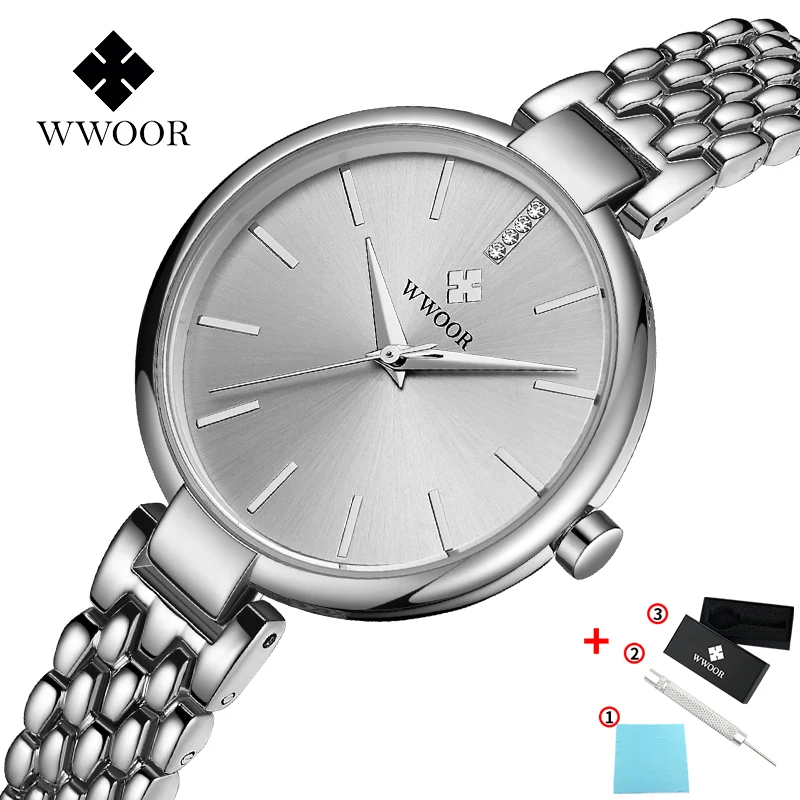WWOOR Super Slim Silver Mesh Stainless Steel Japanese quartz ladies watch Silver Women Bracelet Watches Dress fashion Lady Watch