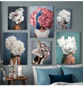 Decorative Painting Living Room Home Decoration Flowers Feathers Woman Abstract Canvas Painting Wall Art Print Poster Picture 1