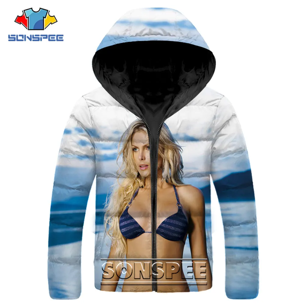

SONSPEE Casual Hip Hop Parkas 3D Print Sexy Cute Beach Bikini Girl Down Jacket Winter Fashion Keep Warm Streetwear Otaku Coat