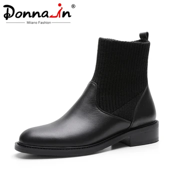 

Donna-in Genuine Leather Women Autumn Winter Ankle Boots Sock Warm Low Heel Round Toe Rubber Casual Boots female Shoes Black