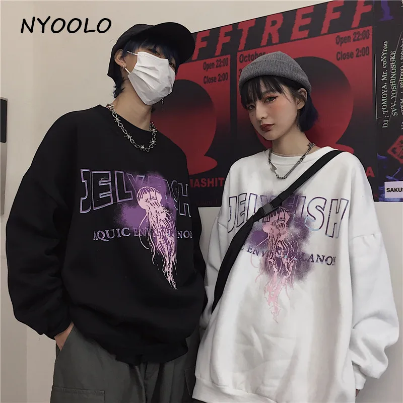 NYOOLO Harajuku стиль желе рыба буквы печати толстые теплые толстовки осень зима с длинным рукавом О-образным вырезом Пуловер Толстовка для женщин и мужчин