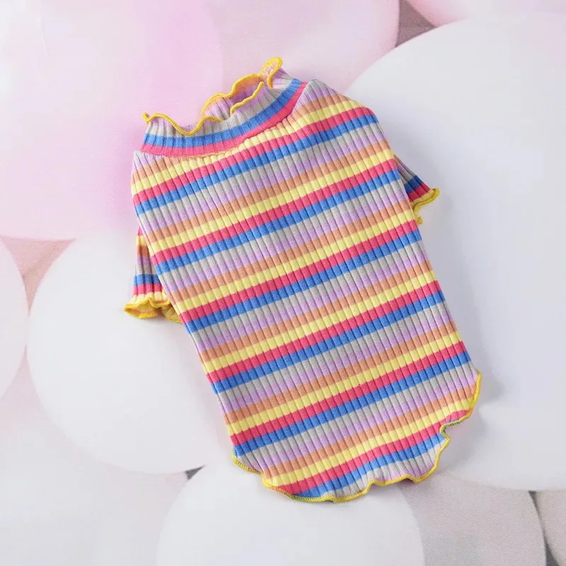 

New Puppy Costume Rainbow Striped Dog Clothes Ruffle Collar Female Dogs Shirts Spring Autumn Small Pet Chihuahua Knit Sweater