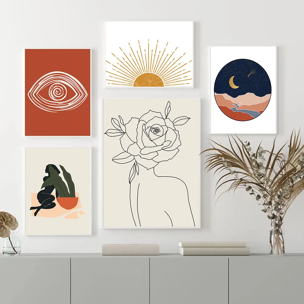 Абстрактные линии женские Boho галерея оранжевый Цвета минималистское полотно