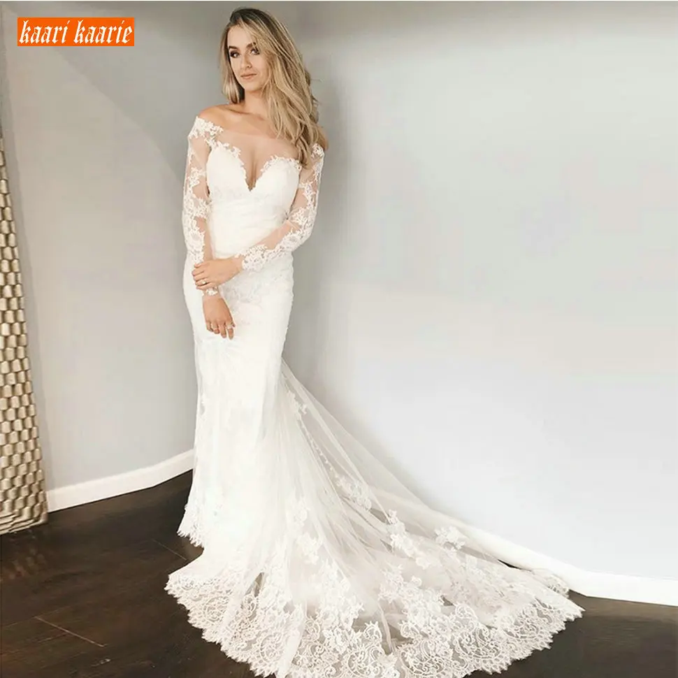 Романтический Boho лодка принцесс свадебное платье одежда с длинным рукавом аппликация из кружевного тюля свадебное платье с силуэтом "Русалка" с открытыми плечами свадебное платье для принцессы