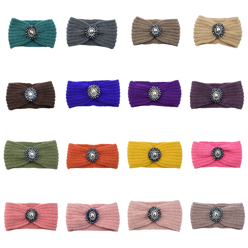 New Women Crystal Flower Headband Crochet Headwrap Casual elastic Hairband Knitting Beanies Turban Winter Knitted Headbands