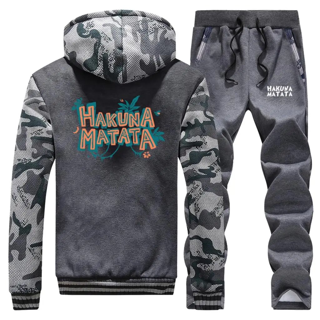 hakuna matata модная мужская верхняя одежда с принтом+ штаны, комплект из 2 предметов, плотные теплые флисовые толстовки с капюшоном, куртка на молнии, камуфляжные спортивные штаны, комплект