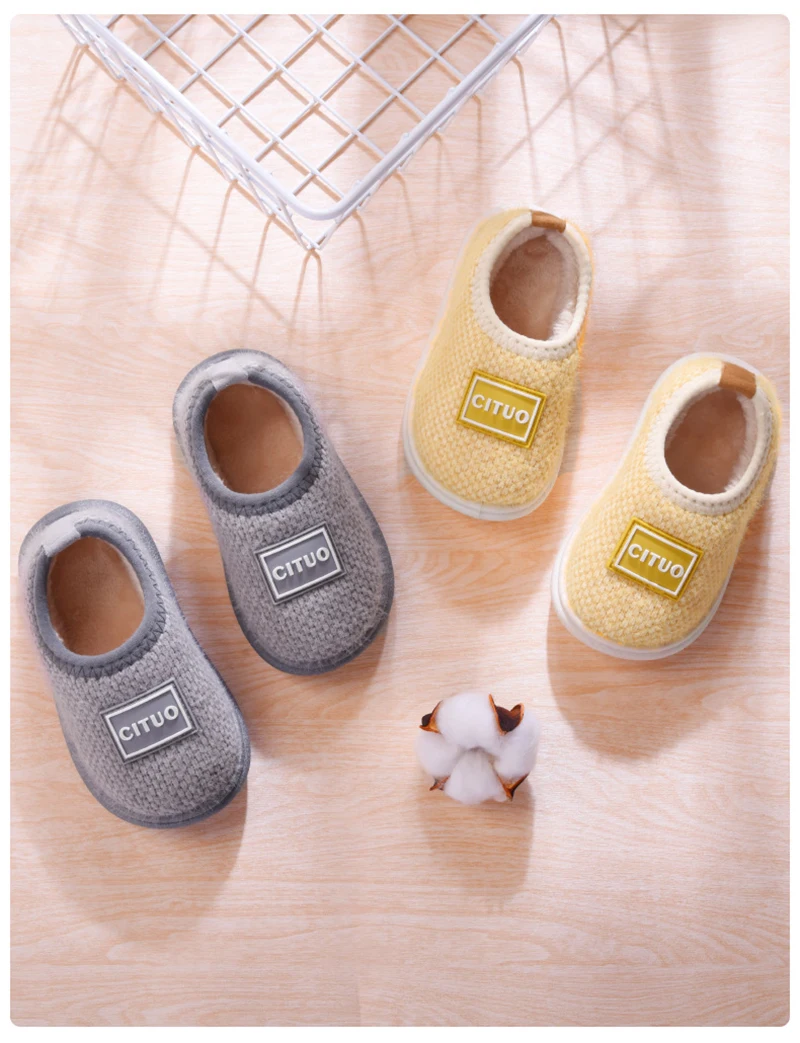 Winter Children Knit Furry Slippers Kids Soft Plush Warm Home Floor Shoes Boys Girl Rubber Soles Non-slip Indoor Cotton Slippers girls leather shoes