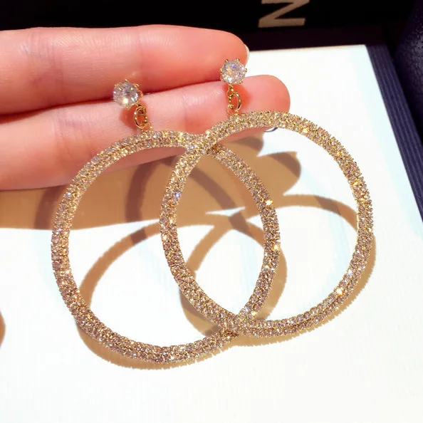 

rhinestone Golden Silver Color Hoop Earrings For Women Hollow Round Circle Statement Ear Jewelry Gift For Party Wedding