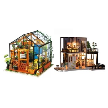 

2 Set DIY Wooden Flower House Miniature Dollhouse 3D LED Mini Dollhouse Kit