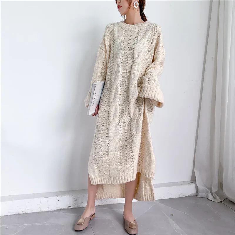 [EWQ] пуловеры с круглым вырезом и длинным рукавом, вязанные, размера плюс, женское платье-свитер, толстые теплые зимние женские длинные Повседневные вязаные платья QL20802