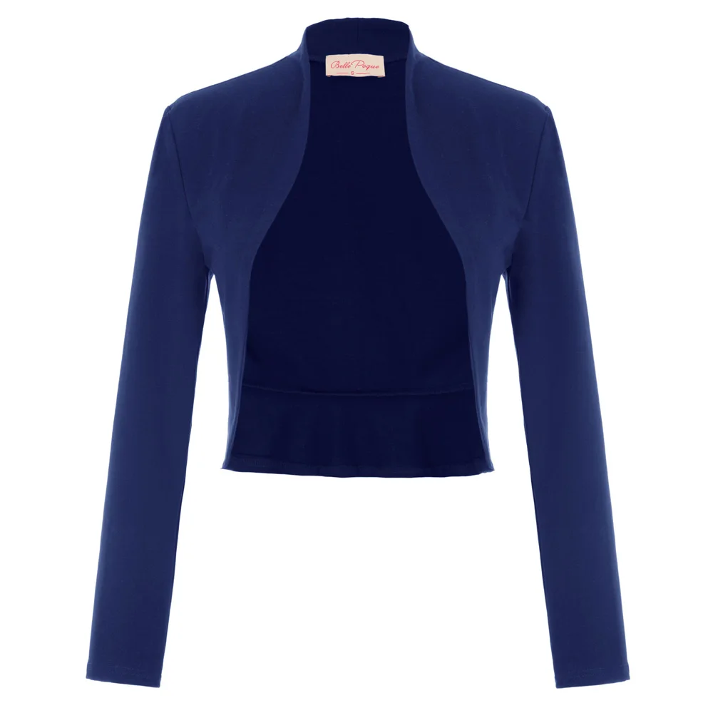 Navy Blue Жакет женская одежда винтажные Топы однотонный Длинный Рукав Открытый перед гофрированный подол хлопок Болеро weddinng вечернее пальто черный белый - Цвет: Navy Blue
