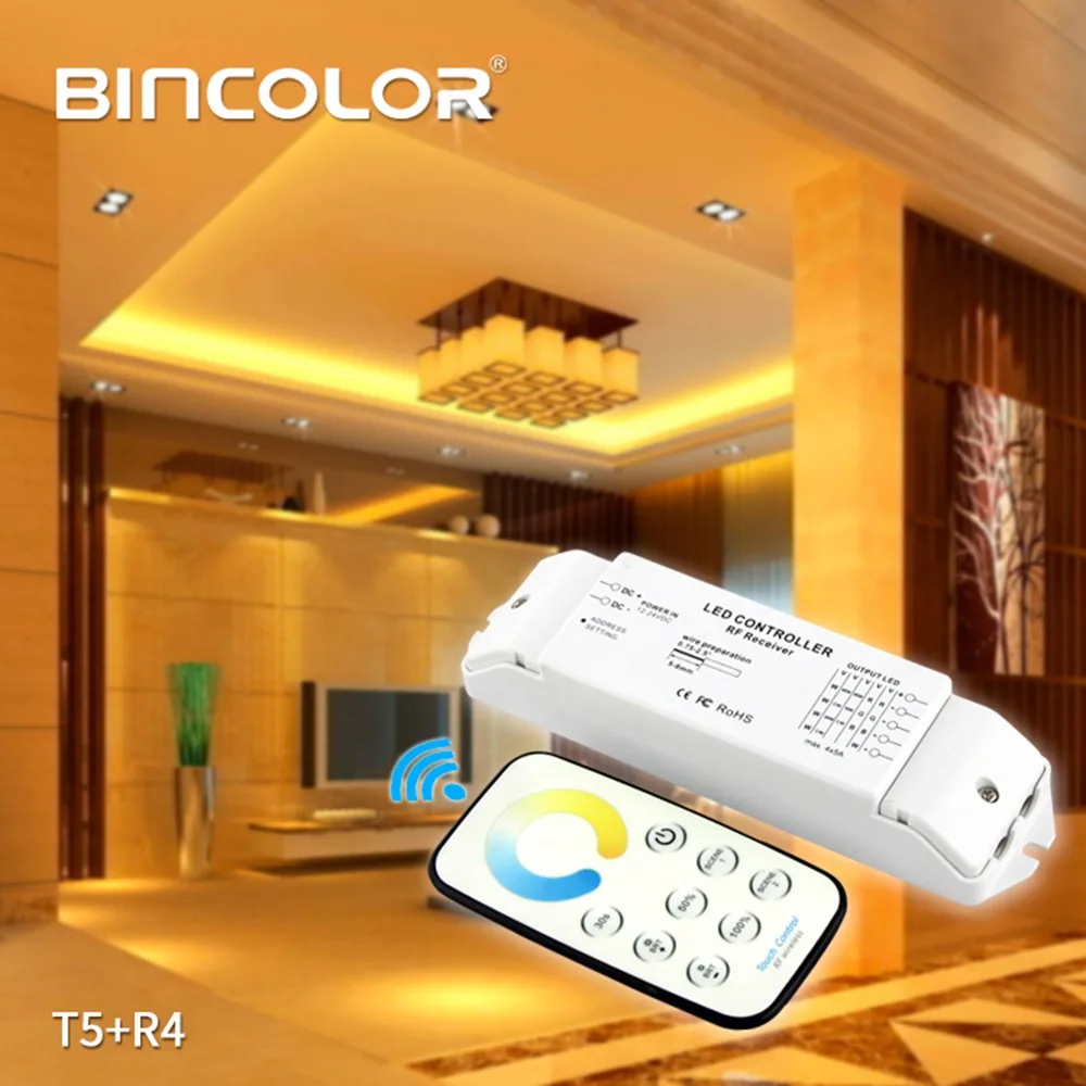 Bincolor T5+ R4 CCT сенсорный контроллер CW-NW-WW Светодиодная лента контроллер RF беспроводной пульт дистанционного DC12V-24V 5A* 4CH