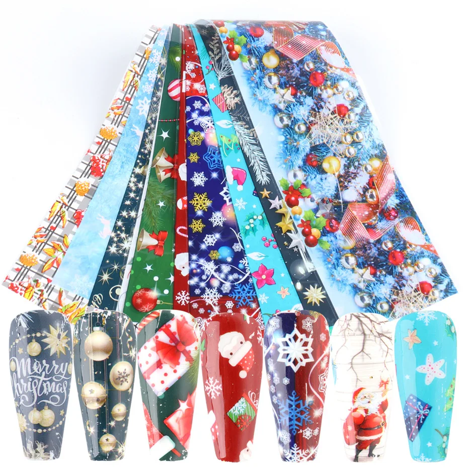

10pcs Christmas Stickers for Nails Snowflake Santa Gift DIY Transfer Foils Sliders Adhesive Decals Lace Nail Art Manicure Wraps