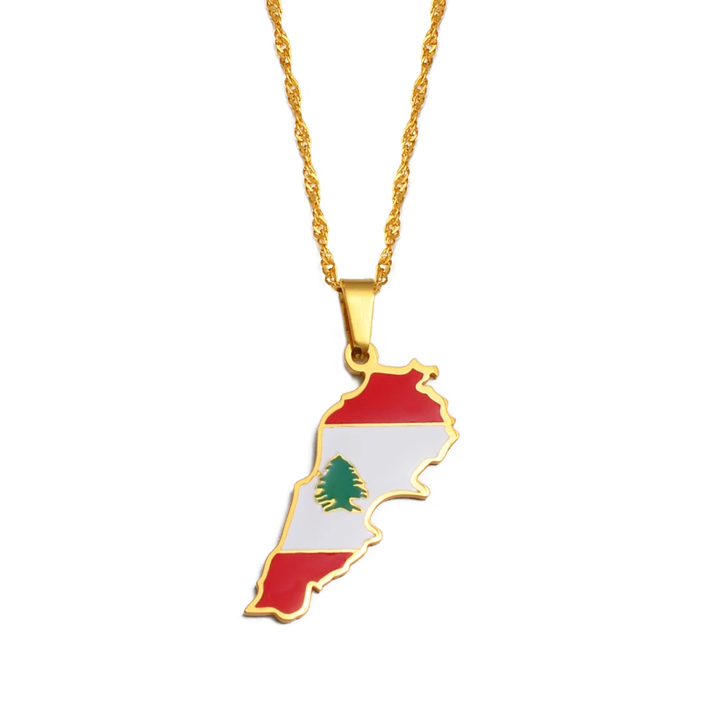 Anniyo Liban Map With Flag Pendants Necklaces Gold Color Jewelry Lebanon Map Chain Necklaces #248321