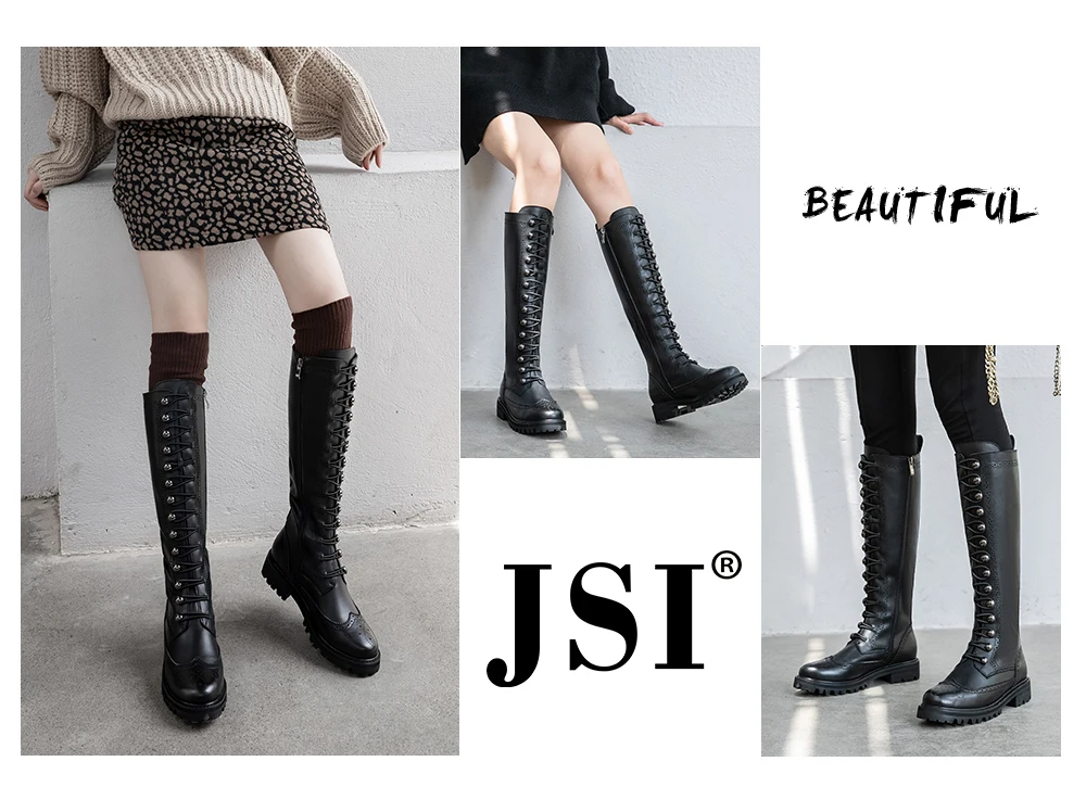 JSI Winter Women Boots Knee-High Round Toe Zip Ladies Shoes Genuine Leather Square Heel High Heel Zipper Solid Women Boots jo307