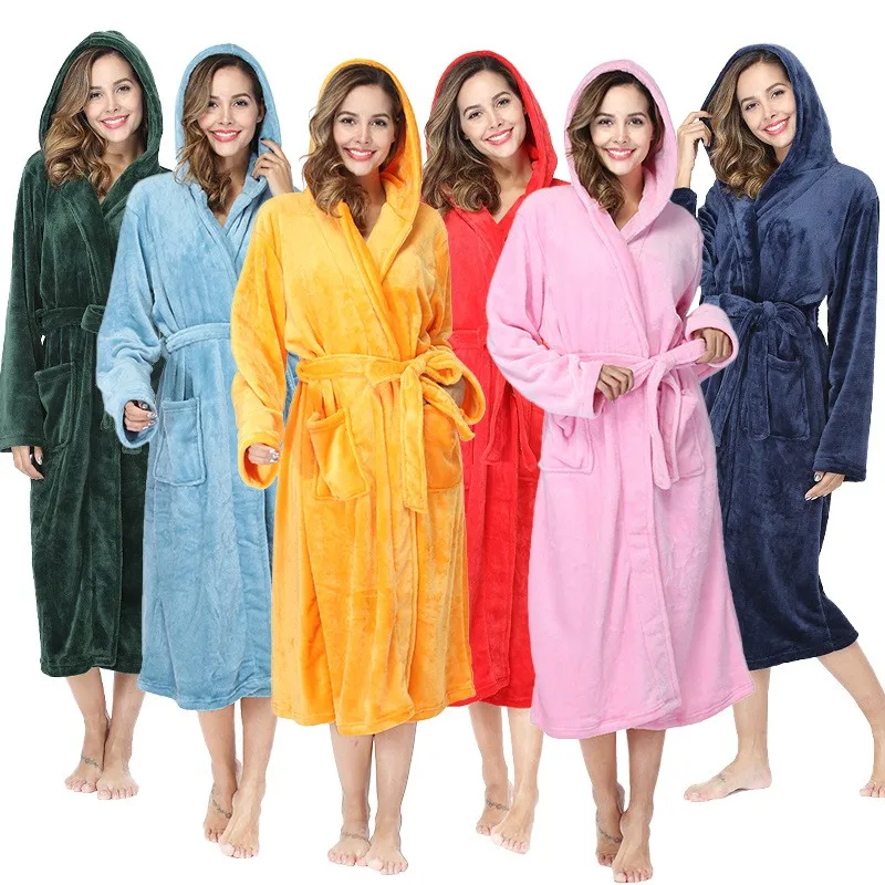 Thicken Sleepwear Hooded Long Robe Gown Sexy Kimono Bathrobe For Women Flannel Nightgown Loose Winter Warm Nightwear Lingerie | Женская