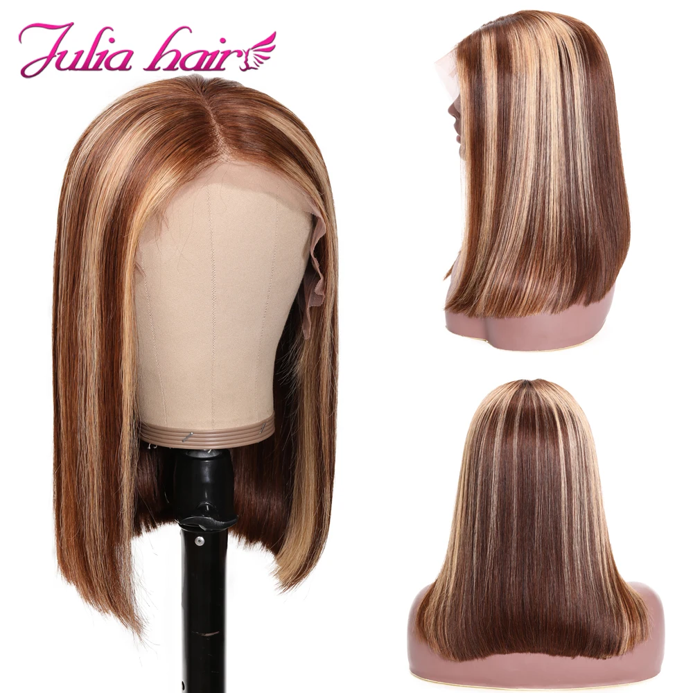 Peruvian Straight Bob Lace Front Wig Ombre Hightlight 13×4 Glueless Lace Front Human Hair Wig Green Pink Yellow Short Bob Wigs (1)