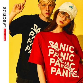 

LASCKIDS Casual T-shirt Men Women Letter Cotton Short Sleeve T shirt Summer Tops Breathable Streetwear Black White Red Tee KU702
