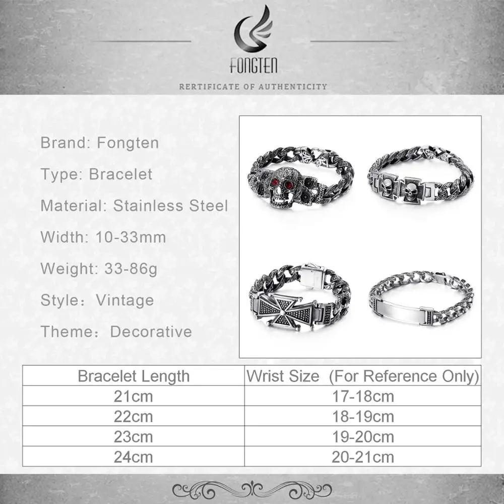 Fongten Skull Cross Curb Men's Bracelet Vintage Black Silver Cuban Chain Stainless Steel Skeleton Male Bracelets Bangle Jewelry