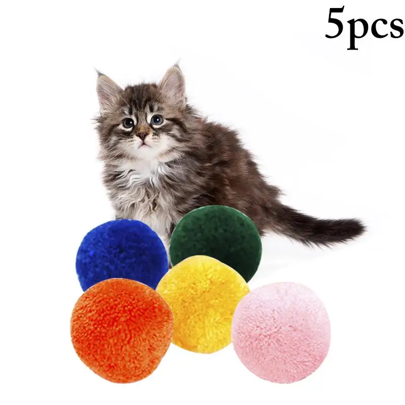 

5Pcs Random Colors Fluffy Soft Pompom Cat Toys Interactive Plush Colorful Ball Toy Cat Chase Ball Pet Supplies Pet Accessories