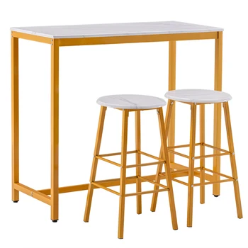 

[107 x 47 x 92]cm PVC Marble Simple Bar Table Round Bar Stool Golden Paint (One Table and Two Stools) White