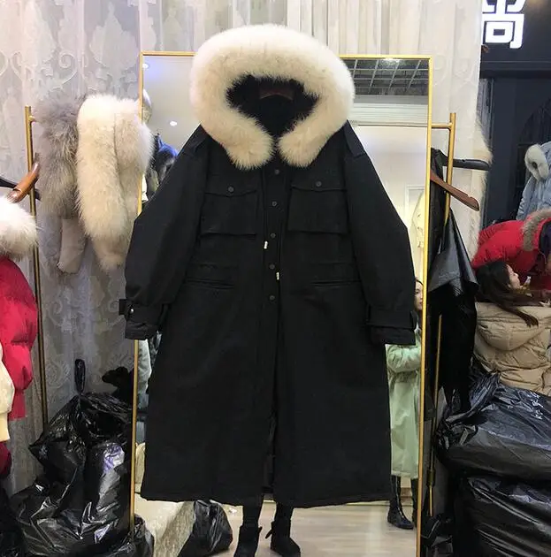 Настоящий воротник из натурального меха-30 градусов зимняя женская куртка пальто с капюшоном Толстая теплая зимняя длинная пуховая парка белая куртка на утином пуху - Цвет: black