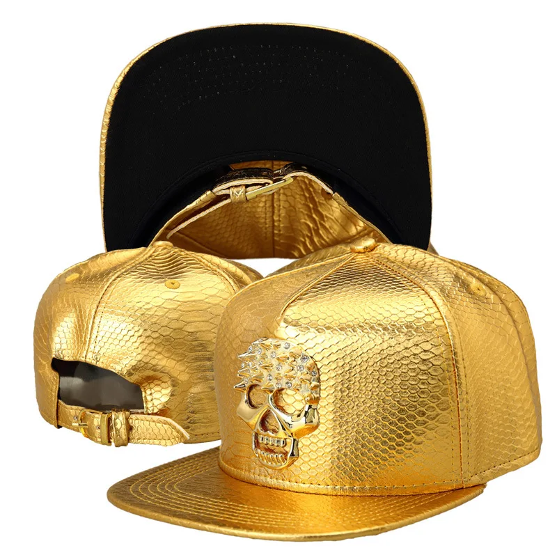 

Hip Hop Rap 5 Panel Metal Skull Logo PU Leather Baseball Cap Casual Unisex Belt Buckle Snapback Hats Men Black Red Gold