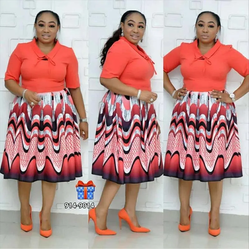 African Dresses For Women Print Patchwork A-Line Dress Autumn Turn Down Collar Big Swing Dress High Quality Partyclub - Color: Orange