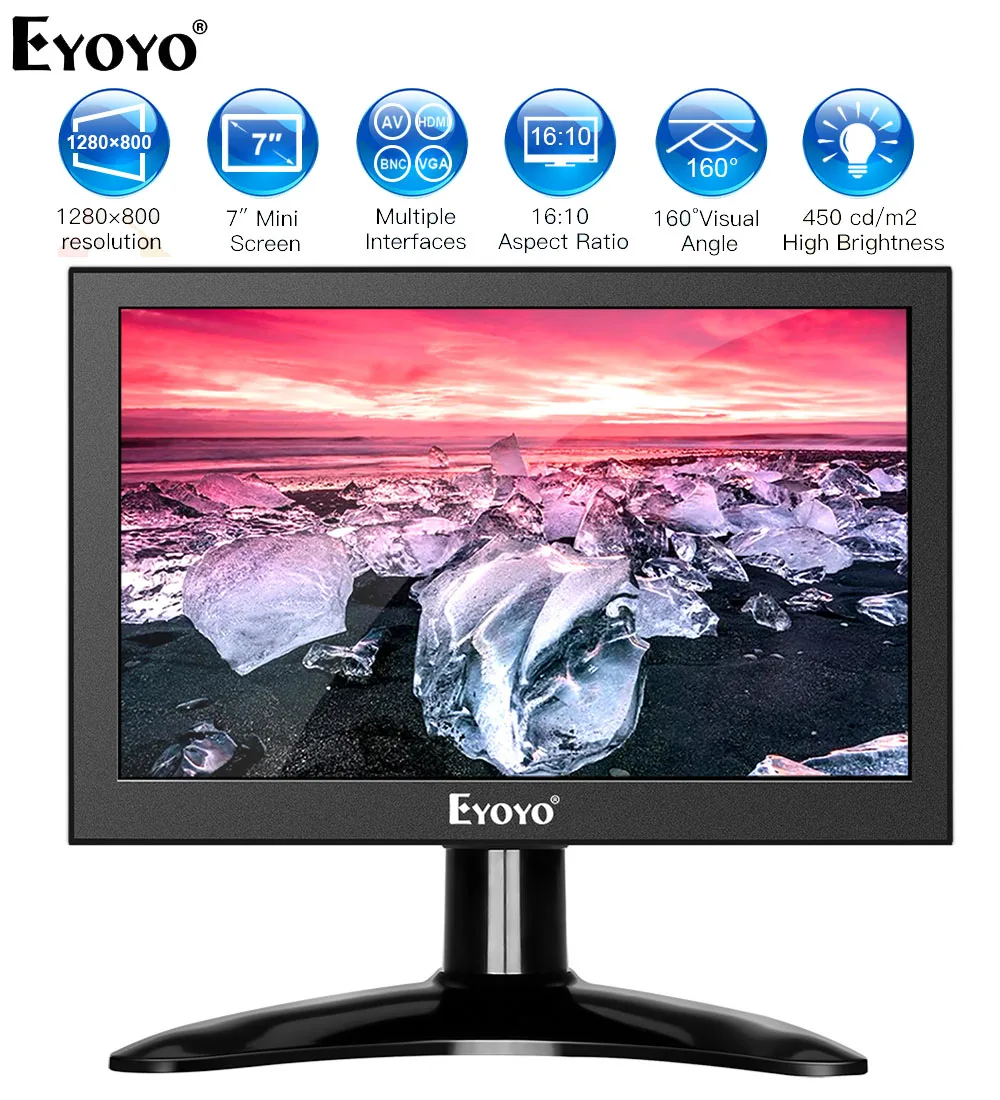 Eyoyo EM07H 7 &quotIPS HDMI CC TV Monitor 1280x800 72% NTSC Компьютер ТВ дисплей ЖК-экран высокая яркость BNC