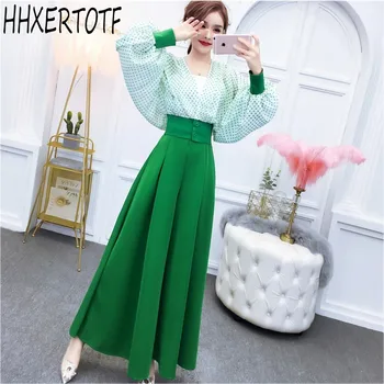 

2020 Summer Women's Set 2 Pieces Suits Polka dot loose lantern sleeve shirt Tops +wide leg Pants trousers