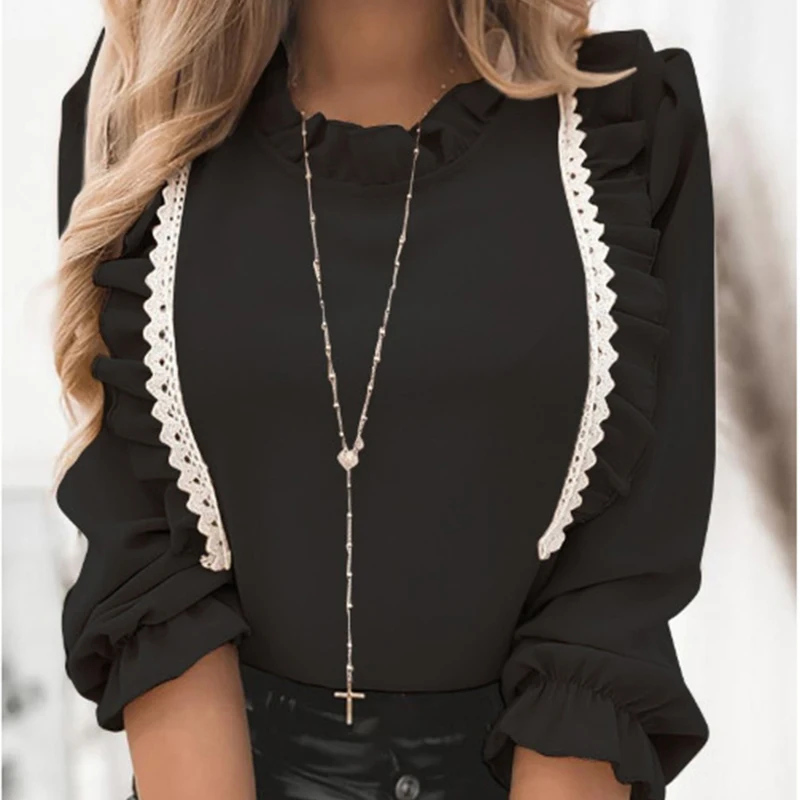 

Ruffle Women Blouse Shirt Lace Long Sleeve Feminine Blouse 2020 Casual O Neck Fashion Woman Blouses 2020 Fall Ladies Top Female