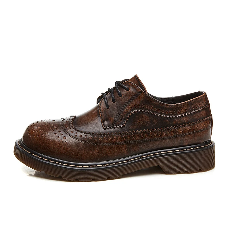 Teahoo Vintage Genuine Leather Oxford Shoes for Women British Style Lace up Round Toe Women Oxfords Brogues Flat Shoes Size 9 10
