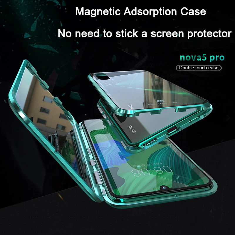 Металлический магнитный адсорбционный чехол для huawei Nova 5 Pro Чехол из закаленного стекла Передняя Задняя крышка для huawei Nova 5i Чехлы бампер