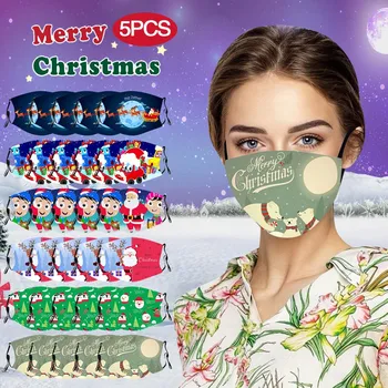 

5pcs Christmas M-ask For Adult Comfortable Cotton Face-m-ask Washable Christmas Pattern Design Decoration For 2020 New Year