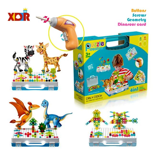 Kids Toys Drilling Screw Nut 3D Creative Mosaic Puzzle For Children Building Bricks DIY Electric Drill Set Educational Toy 1