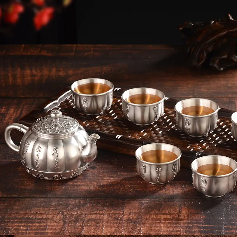 

Sterling Silver 999 Teapot Tea Set Set Haina Baichuan Household Silver Pot Burning Water Teapot Kung Fu Teapot Gift