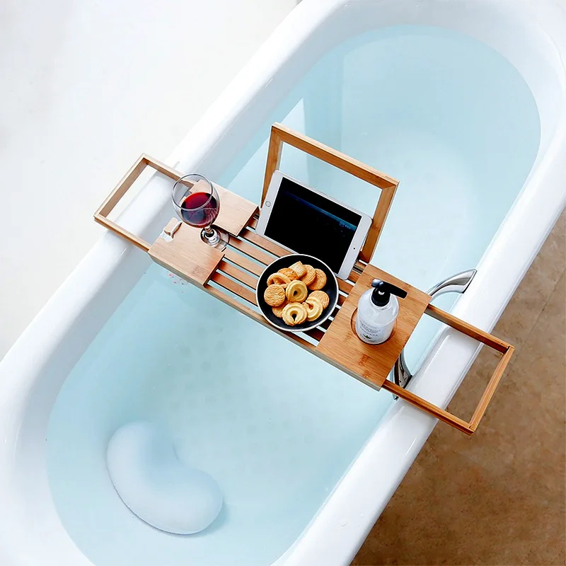 Bamboo wooden bathtub rack, bathtub rack, retractable mobile phone stand, bathroom bath stand