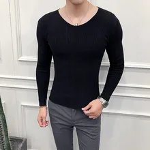Хлопковый мужской свитер с v-образным вырезом и длинным рукавом, пуловеры, верхняя одежда, мужские свитера, топы на осень и зиму, облегающая однотонная тонкая трикотажная одежда