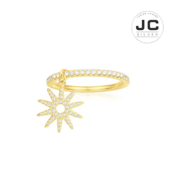 

New Fashion Charms Silver 925 Original Engraving,Yellow Silver Paved Ring With Sun Pendant For Women With Mono Logo Glamour Gift