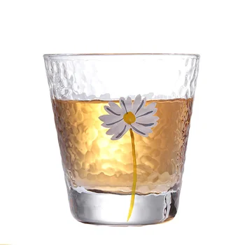 

1 Set/6pcs Transparent Water Cup Set Hand-painted Small Chrysanthemum Pattern Cup Transparent Heat-resistant Water Cup Set
