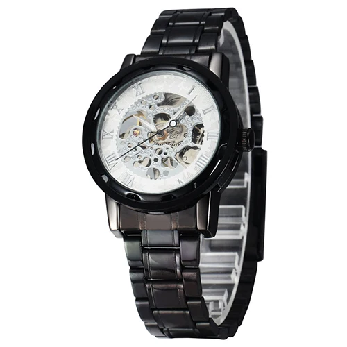 Men Skeleton Roman Numerals Hollow Dial Stainless Steel Band Mechanical Watch
