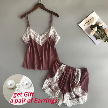 

New Pajamas Sets Sexy Lace Pyjamas For Women V-neck Pijama Femme Summer Sleepwear Satin Nightwear Lingerie Female Underwear