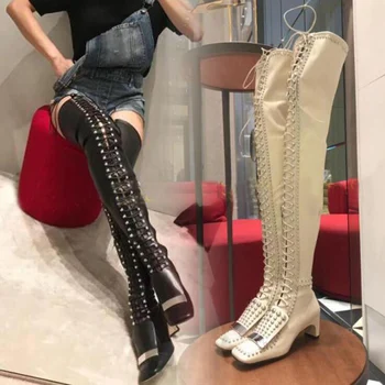 

Fashion Over the Knee Boots Women Square Toe Lace-up Rivets Thigh High Boots 2019 Winter Shoes Women High Heeled Leather Boots