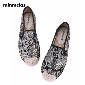 

Minmclas Luxury Espadrilles Women 2020 New Metal Sequins Weave Sandals Single Shoes Thick Soft Bottom Lazy Shoes Slippers Hemp