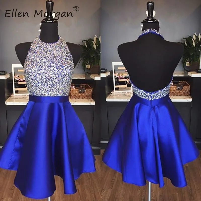 Короткие атласные платья Королевского синего цвета для выпускного вечера для девочек-подростков, Короткие вечерние платья с лямкой на шее, вечерние коктейльные платья