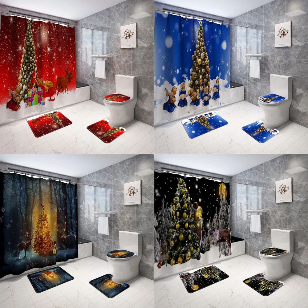 

Christmas Tree Shower Curtain Set Bath Mats Rugs Snowman Elk Bathroom Curtains Anti-skid Carpet Toilet Cover Carpet Home Decor
