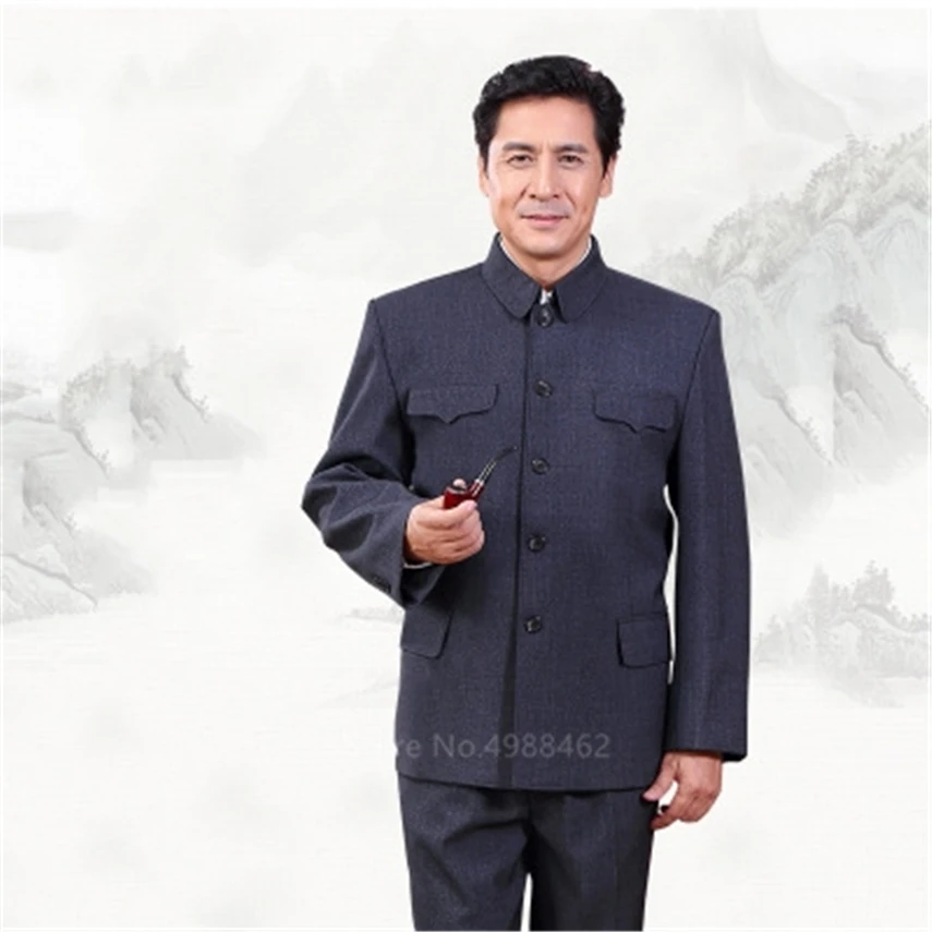 Man Classic Chinese Tunic Suit Retro Oriental Casual Slim Jacket+Pants Mandarin Collar Business Suit Solid Zhongshan Set