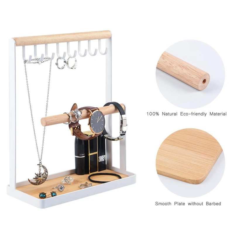 Jewelry Display Stand Holder with Wooden Ring Tray and Hooks Storage Necklaces Bracelets Rings Watc